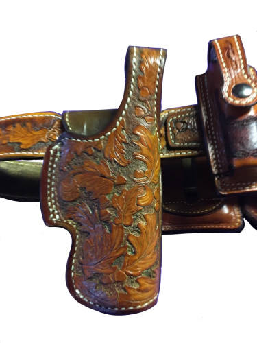 (image for) Hand Carved Gun Belt, Holster, Double Clip Pouch, Leatherman & Phone Cases